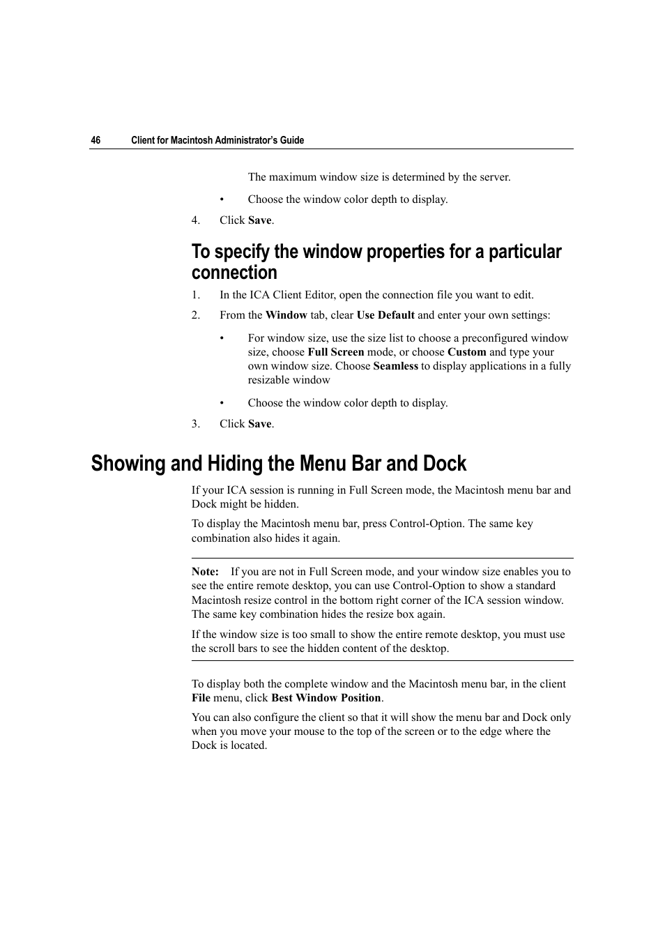 Showing and hiding the menu bar and dock | Citrix Systems Citrix Presentation Client for Macintosh 10 User Manual | Page 46 / 68