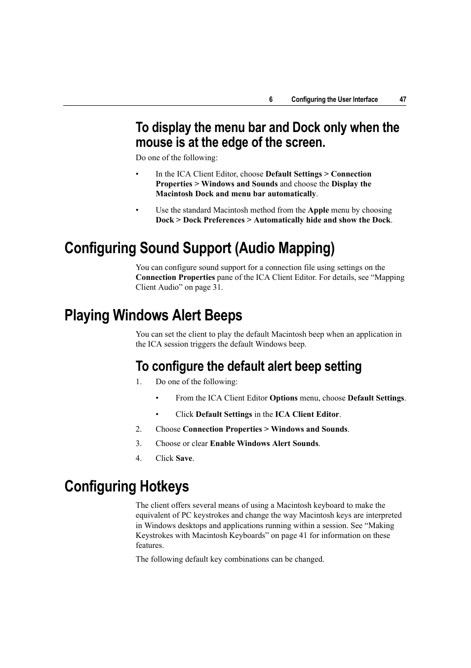 Configuring sound support (audio mapping), Playing windows alert beeps, To configure the default alert beep setting | Configuring hotkeys | Citrix Systems Citrix Presentation Client for Macintosh 10 User Manual | Page 47 / 68