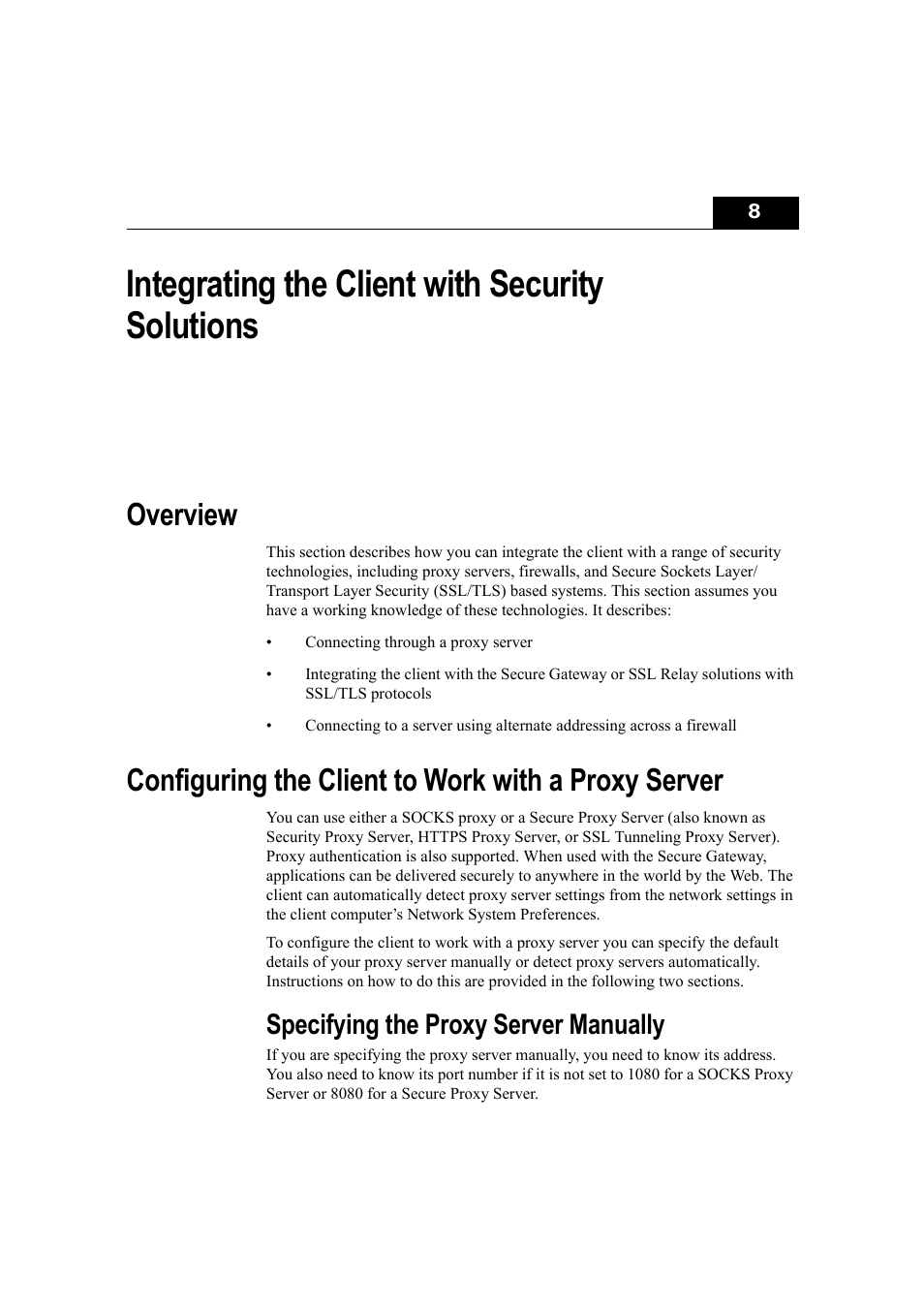 Integrating the client with security solutions, Overview, Configuring the client to work with a proxy server | Specifying the proxy server manually, Chapter 8, Integrating the client with security, Solutions | Citrix Systems Citrix Presentation Client for Macintosh 10 User Manual | Page 57 / 68