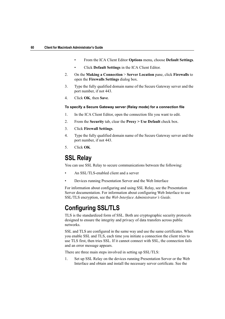 Ssl relay, Configuring ssl/tls, Ssl relay configuring ssl/tls | Citrix Systems Citrix Presentation Client for Macintosh 10 User Manual | Page 60 / 68