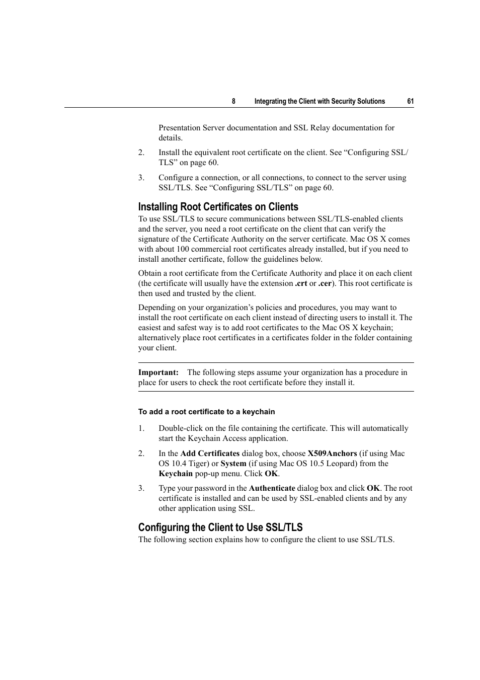 Installing root certificates on clients, Configuring the client to use ssl/tls | Citrix Systems Citrix Presentation Client for Macintosh 10 User Manual | Page 61 / 68