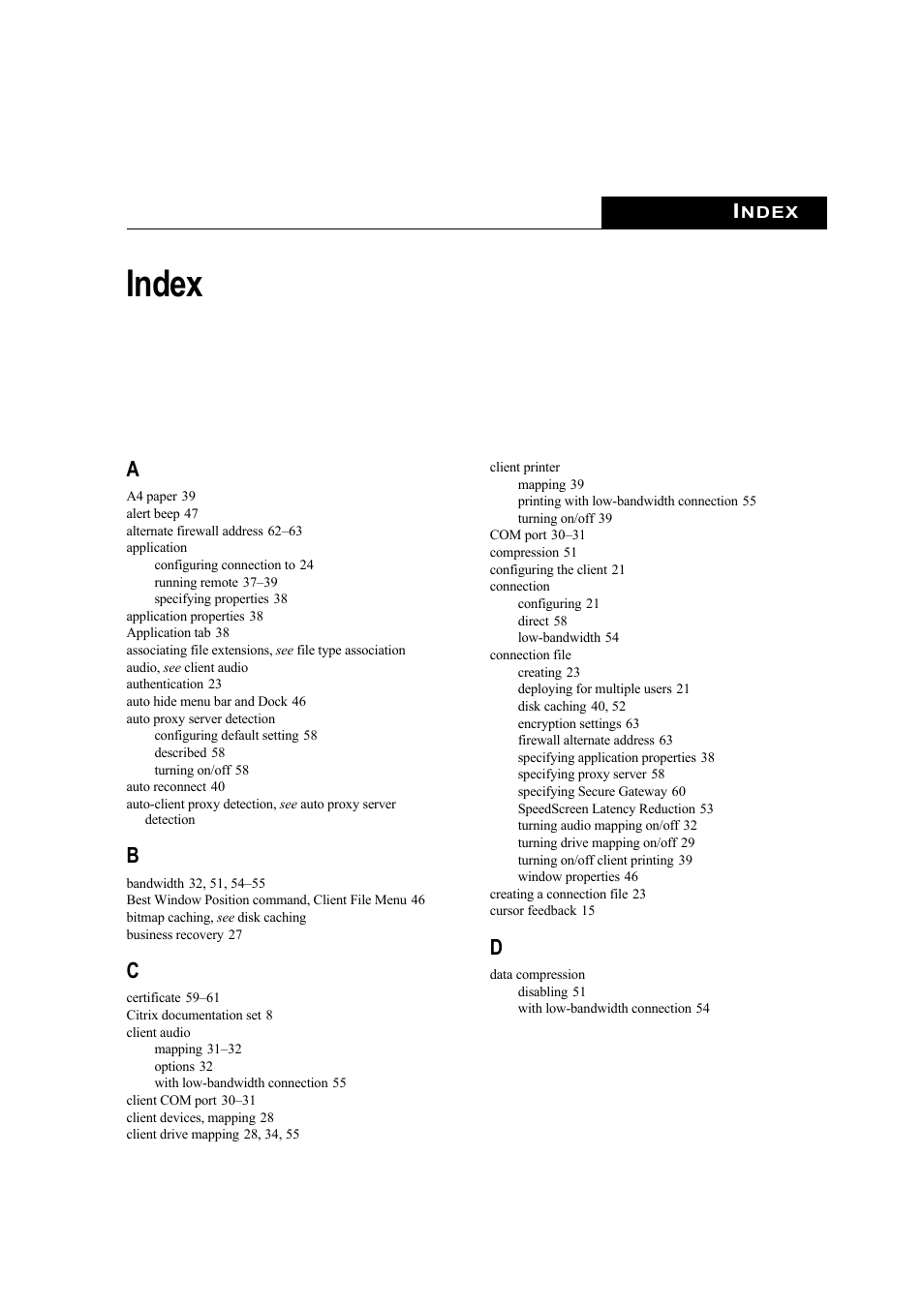 Index | Citrix Systems Citrix Presentation Client for Macintosh 10 User Manual | Page 65 / 68