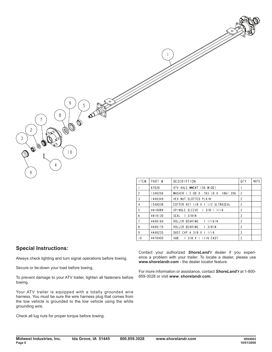 Special instructions | ShoreLand'r PS8X10 User Manual | Page 6 / 6