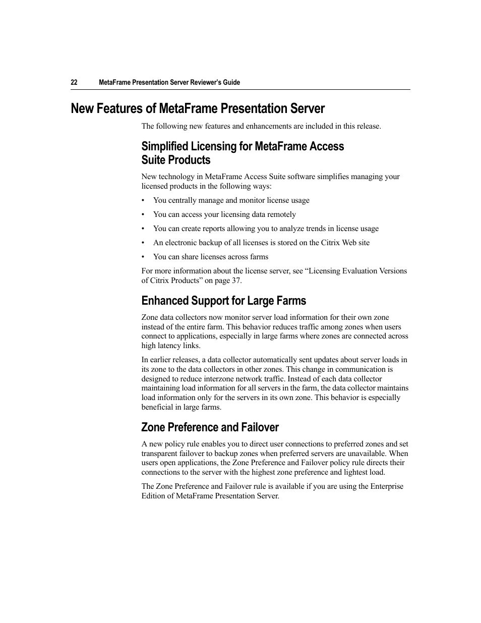 New features of metaframe presentation server, Enhanced support for large farms, Zone preference and failover | Citrix Systems MetaFrame Presentation Server User Manual | Page 22 / 97