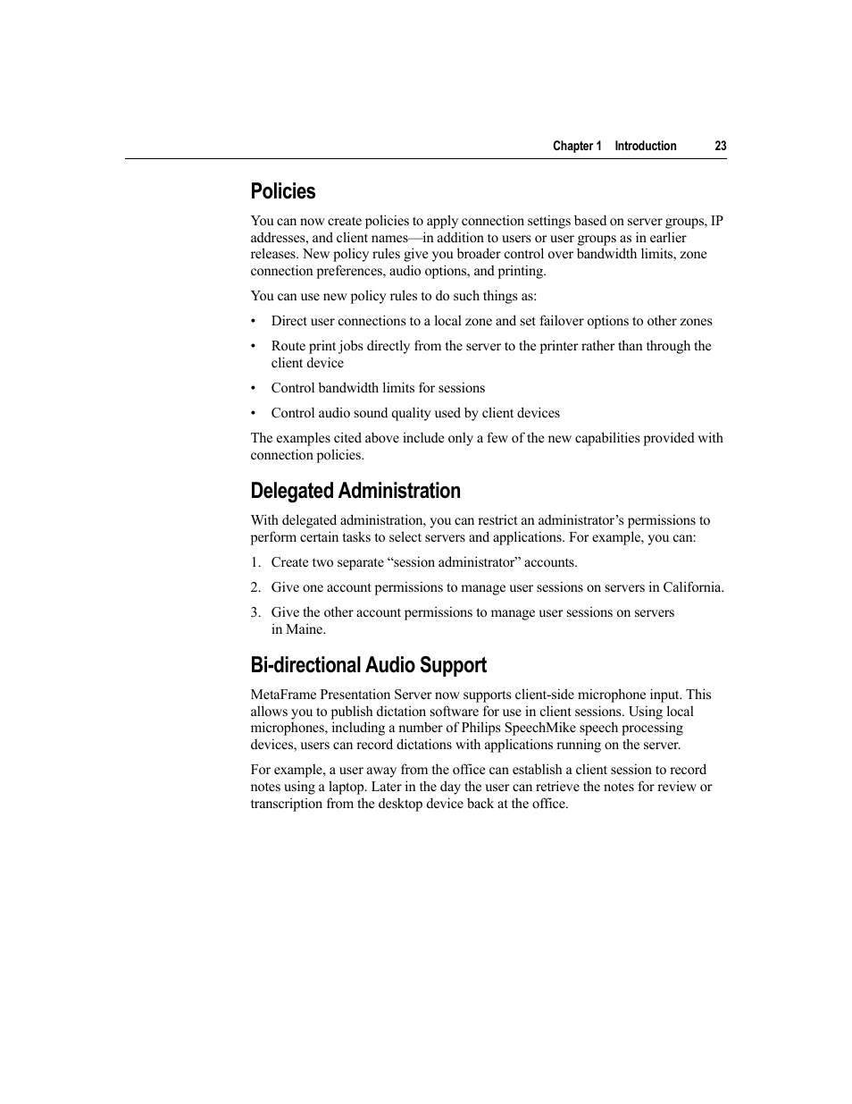 Policies, Delegated administration, Bi-directional audio support | Citrix Systems MetaFrame Presentation Server User Manual | Page 23 / 97