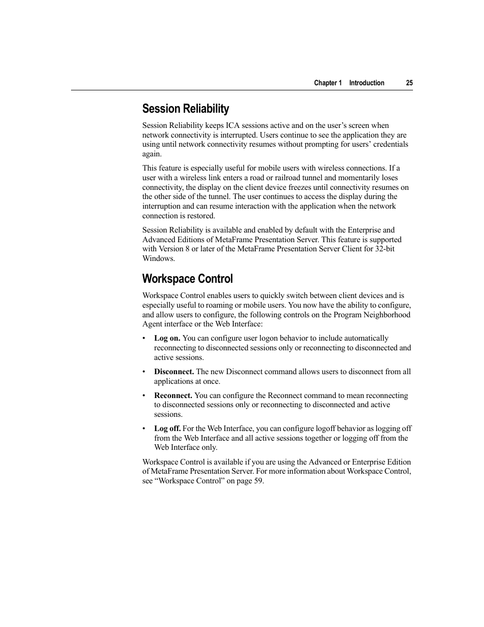 Session reliability, Workspace control, Session reliability workspace control | Citrix Systems MetaFrame Presentation Server User Manual | Page 25 / 97