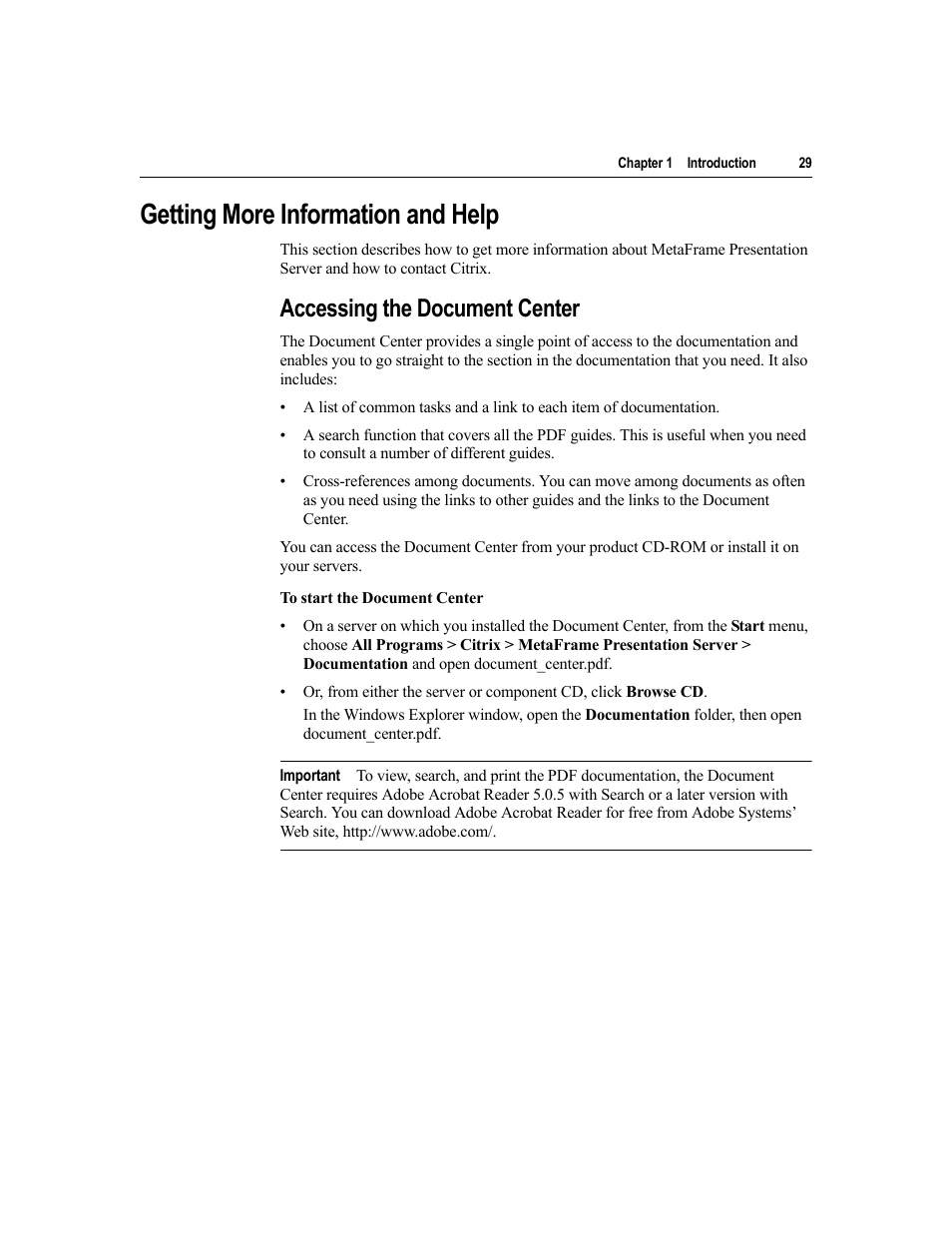 Getting more information and help, Accessing the document center | Citrix Systems MetaFrame Presentation Server User Manual | Page 29 / 97