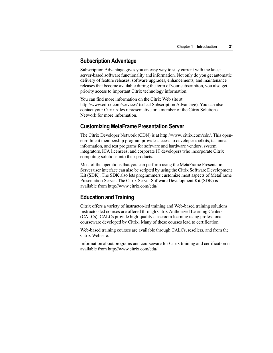Subscription advantage, Customizing metaframe presentation server, Education and training | Citrix Systems MetaFrame Presentation Server User Manual | Page 31 / 97