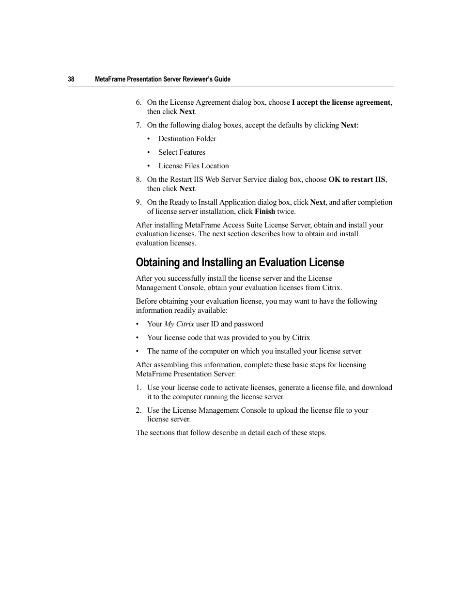 Obtaining and installing an evaluation license | Citrix Systems MetaFrame Presentation Server User Manual | Page 38 / 97