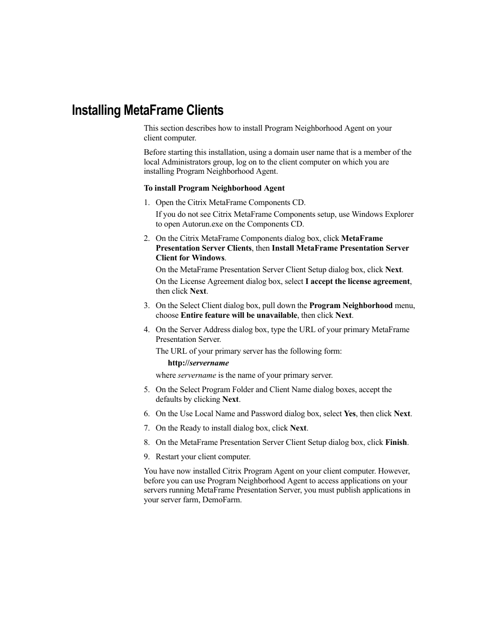 Installing metaframe clients | Citrix Systems MetaFrame Presentation Server User Manual | Page 48 / 97