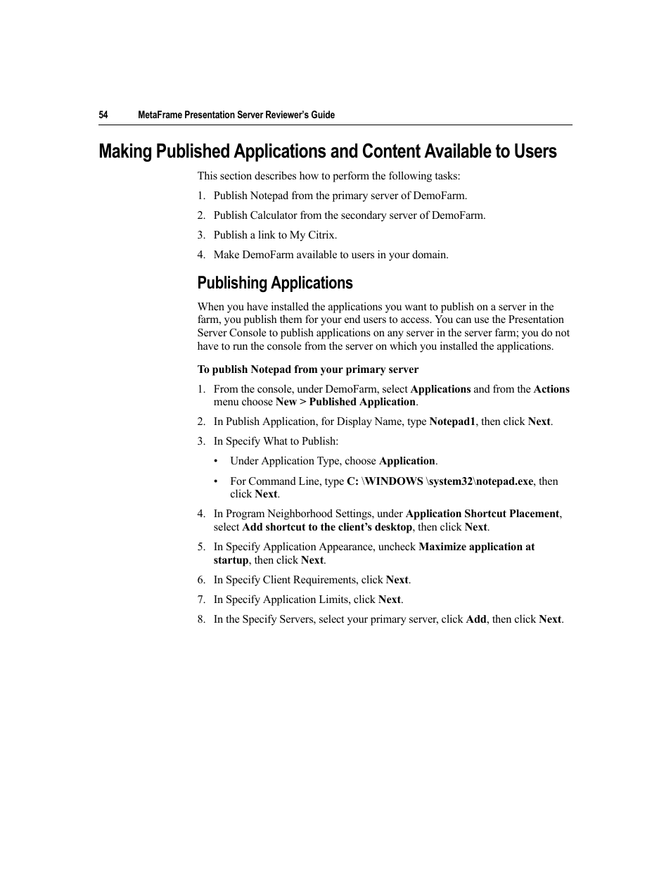 Publishing applications | Citrix Systems MetaFrame Presentation Server User Manual | Page 54 / 97