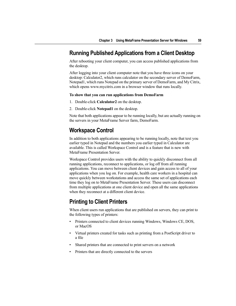 Workspace control, Printing to client printers | Citrix Systems MetaFrame Presentation Server User Manual | Page 59 / 97