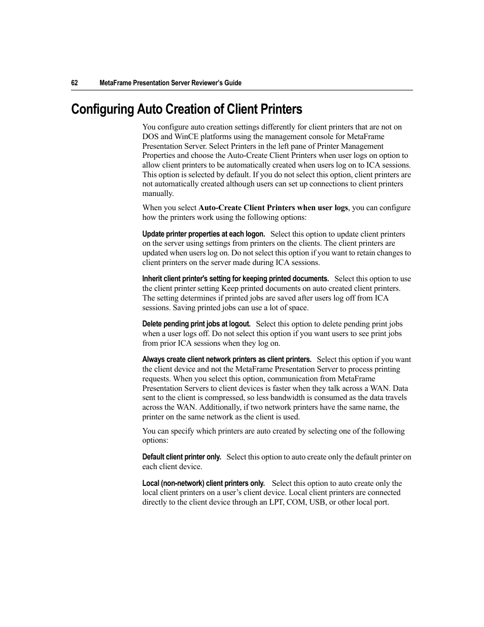 Configuring auto creation of client printers | Citrix Systems MetaFrame Presentation Server User Manual | Page 62 / 97
