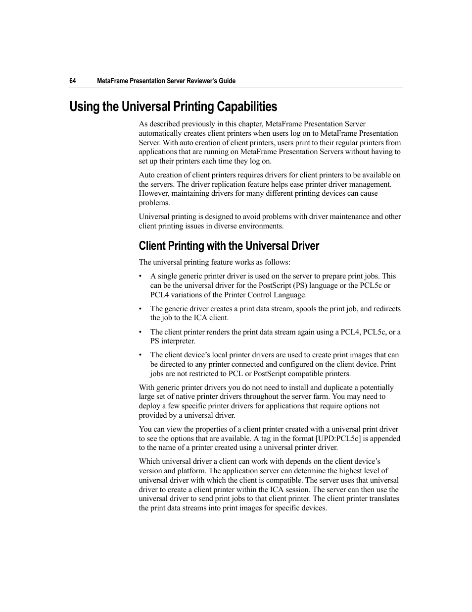 Using the universal printing capabilities, Client printing with the universal driver | Citrix Systems MetaFrame Presentation Server User Manual | Page 64 / 97