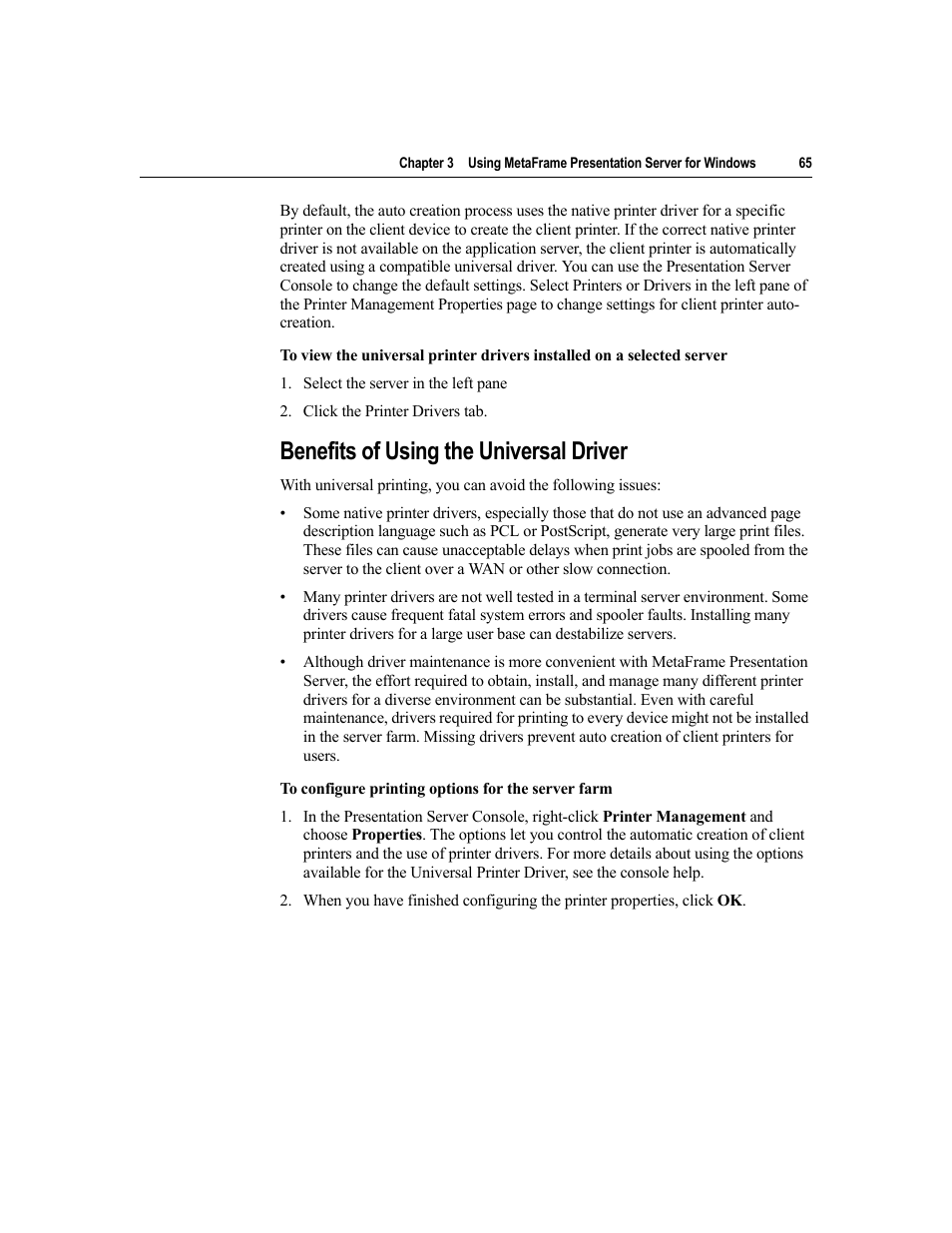 Benefits of using the universal driver | Citrix Systems MetaFrame Presentation Server User Manual | Page 65 / 97