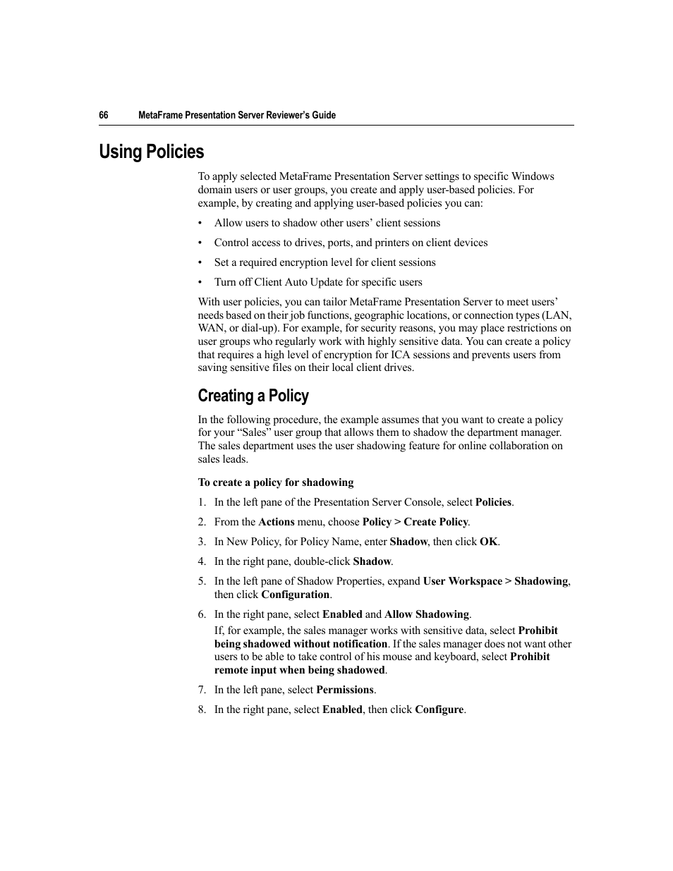 Using policies, Creating a policy | Citrix Systems MetaFrame Presentation Server User Manual | Page 66 / 97