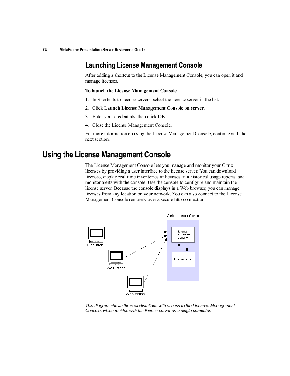 Launching license management console, Using the license management console | Citrix Systems MetaFrame Presentation Server User Manual | Page 74 / 97