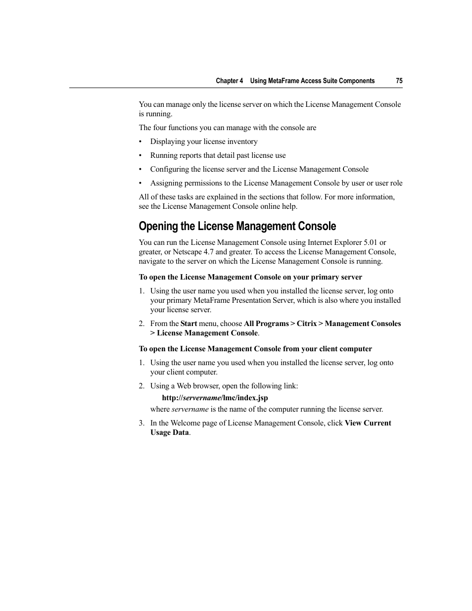 Opening the license management console | Citrix Systems MetaFrame Presentation Server User Manual | Page 75 / 97