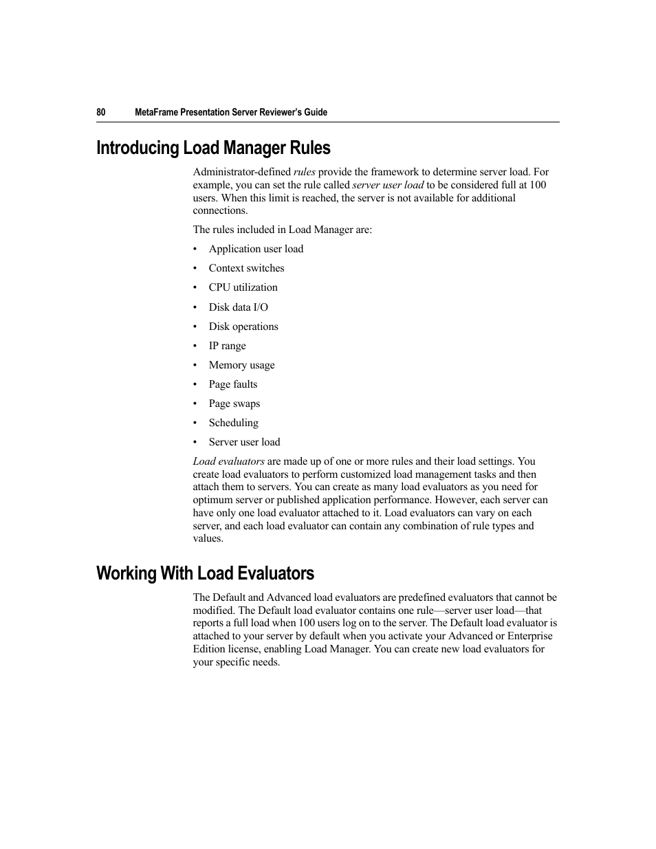 Introducing load manager rules, Working with load evaluators | Citrix Systems MetaFrame Presentation Server User Manual | Page 80 / 97