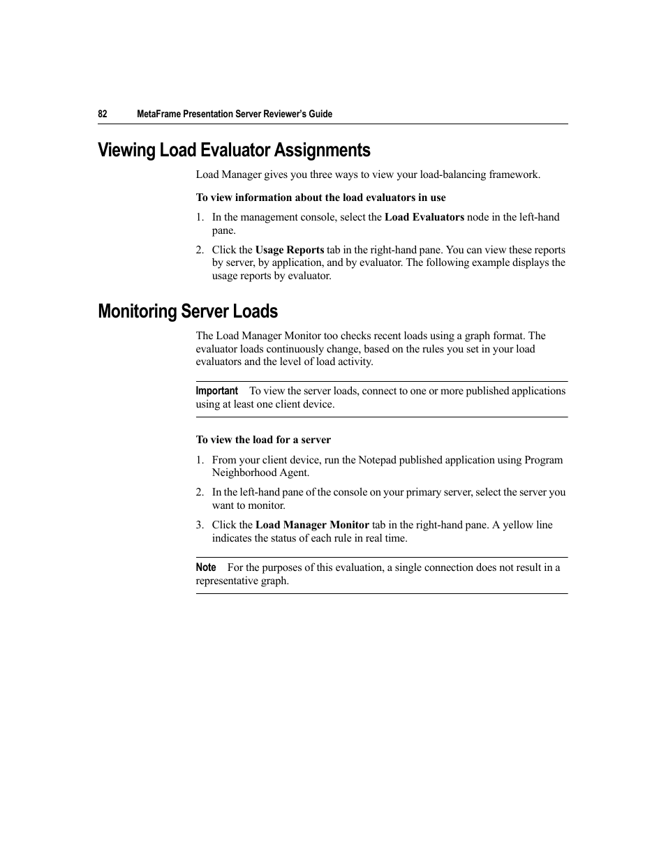 Viewing load evaluator assignments, Monitoring server loads | Citrix Systems MetaFrame Presentation Server User Manual | Page 82 / 97