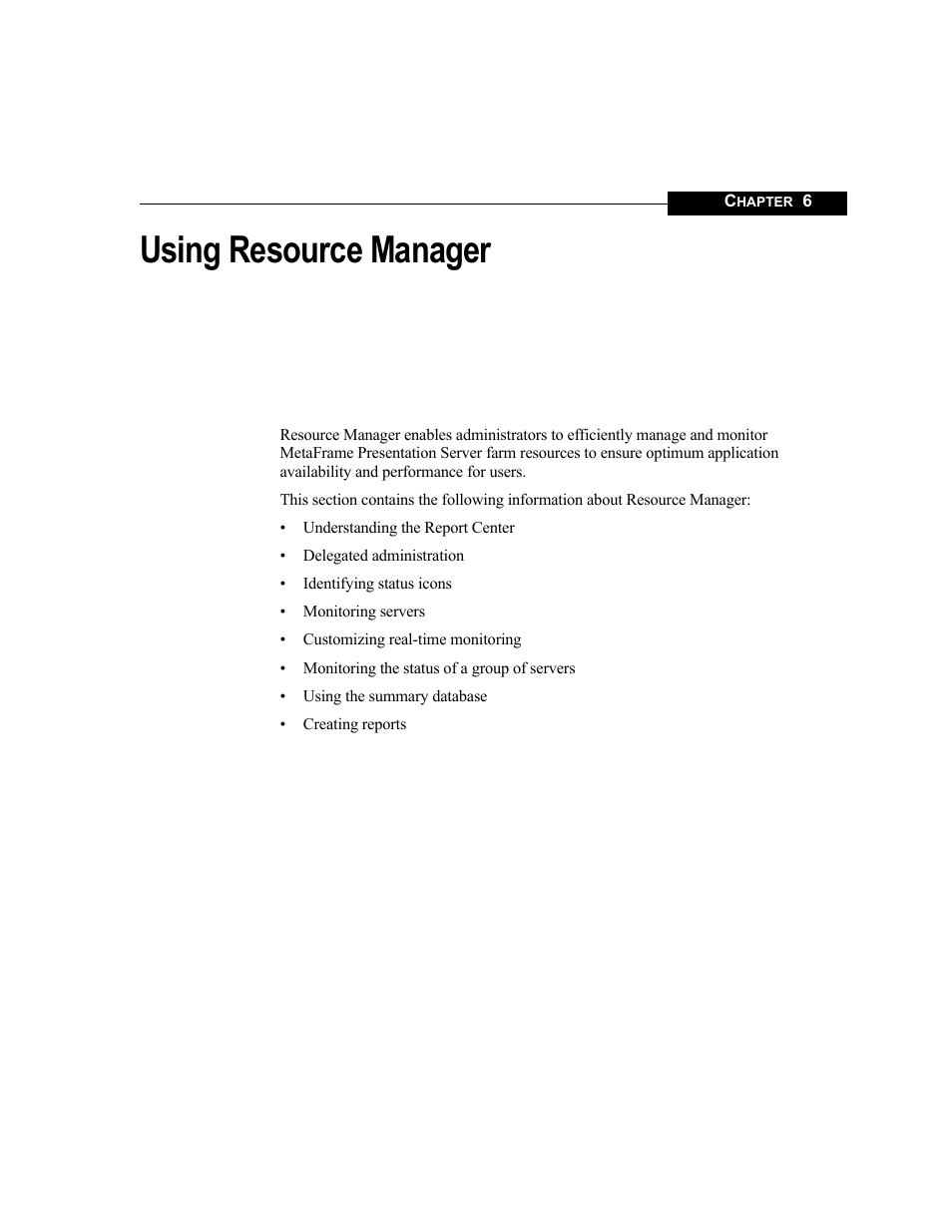 Using resource manager, Chapter 6 | Citrix Systems MetaFrame Presentation Server User Manual | Page 83 / 97