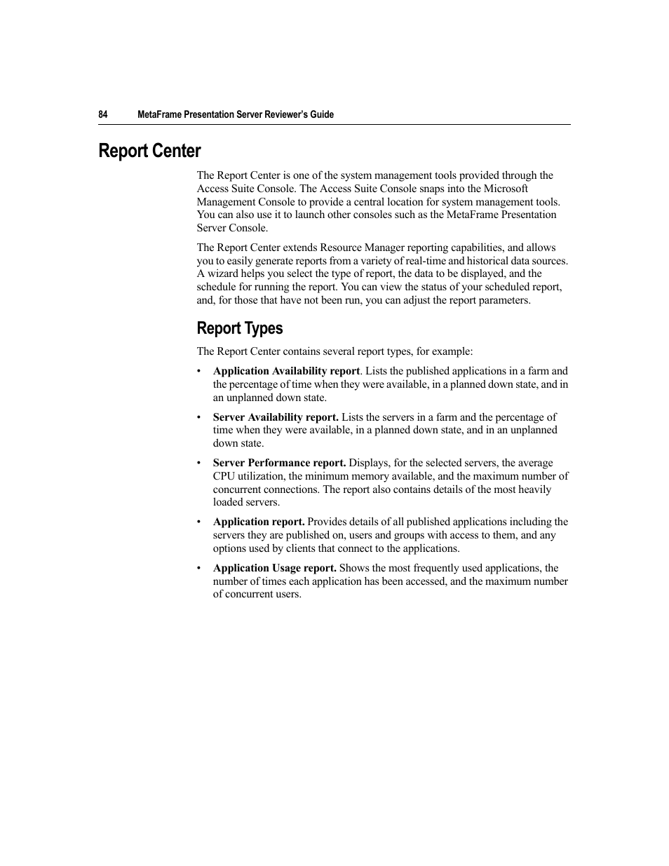 Report center, Report types | Citrix Systems MetaFrame Presentation Server User Manual | Page 84 / 97