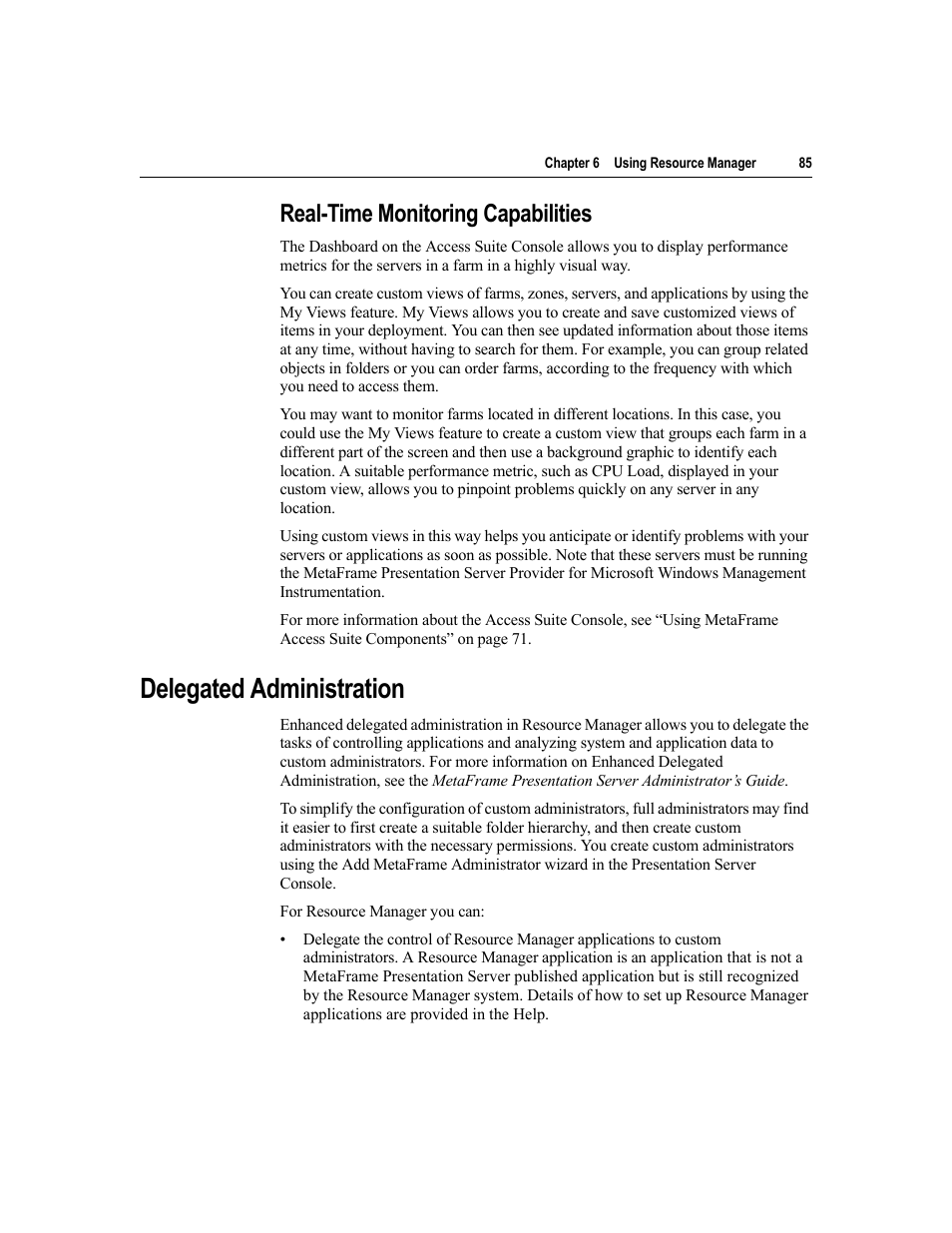 Real-time monitoring capabilities, Delegated administration | Citrix Systems MetaFrame Presentation Server User Manual | Page 85 / 97