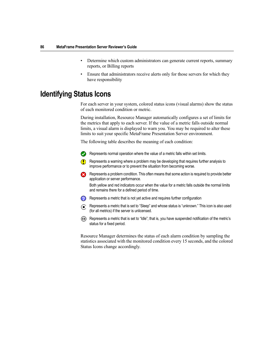 Identifying status icons | Citrix Systems MetaFrame Presentation Server User Manual | Page 86 / 97