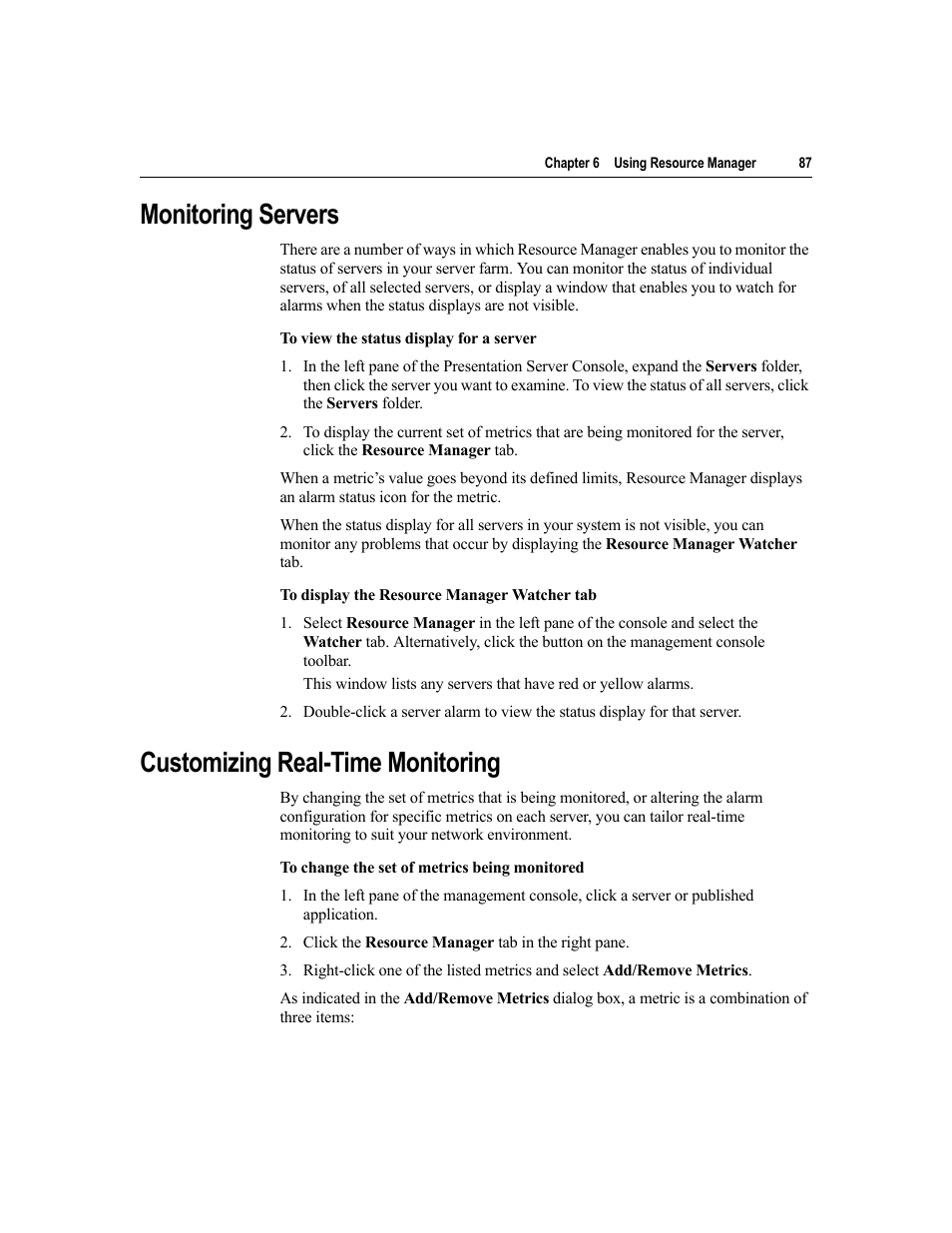 Monitoring servers, Customizing real-time monitoring | Citrix Systems MetaFrame Presentation Server User Manual | Page 87 / 97