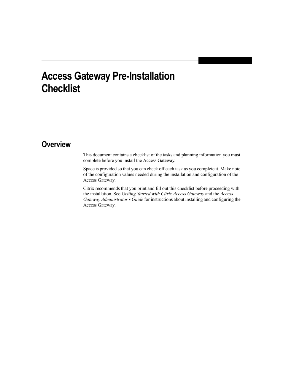 Access gateway pre-installation checklist, Overview | Citrix Systems Citrix Access Gateway 4.2 User Manual | Page 3 / 6