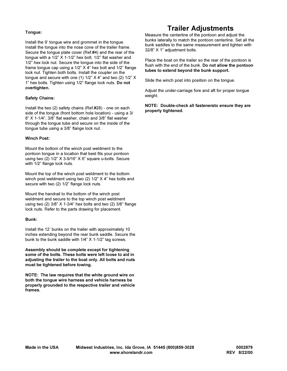 Trailer adjustments | ShoreLand'r PT1818 User Manual | Page 4 / 4