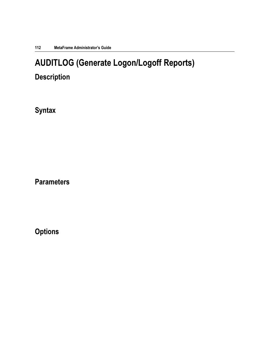 8',7/2* *hqhudwh /rjrq/rjrii 5hsruwv, Hvfulswlrq, 6\qwd | 3dudphwhuv, 2swlrqv | Citrix Systems Citrix MetaFrame Application for Windows 1.8 User Manual | Page 132 / 169