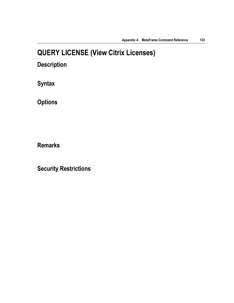 Hvfulswlrq, 6\qwd, 2swlrqv | 5hpdunv, 6hfxulw\ 5hvwulfwlrqv | Citrix Systems Citrix MetaFrame Application for Windows 1.8 User Manual | Page 143 / 169