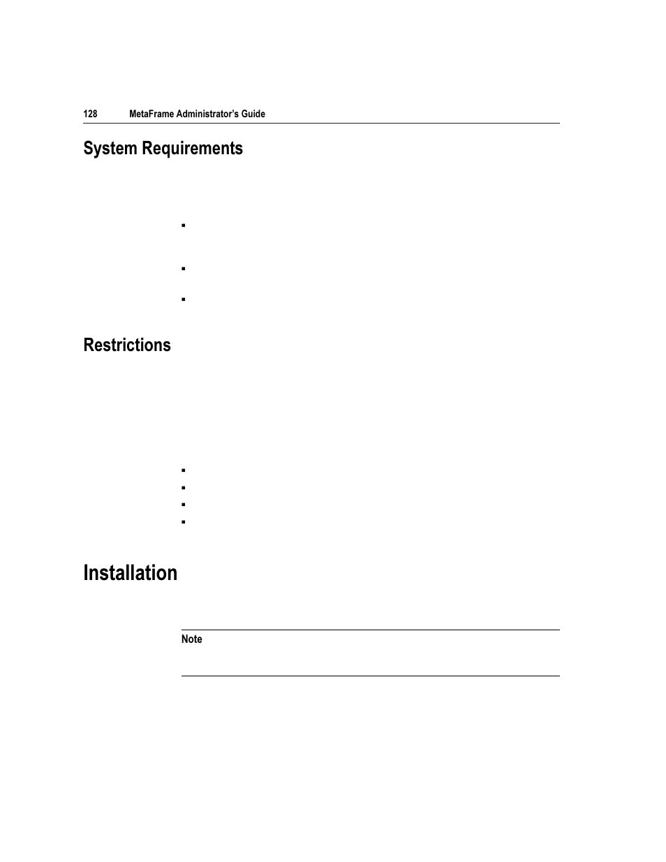 Qvwdoodwlrq, 6\vwhp 5htxluhphqwv, 5hvwulfwlrqv | Citrix Systems Citrix MetaFrame Application for Windows 1.8 User Manual | Page 148 / 169