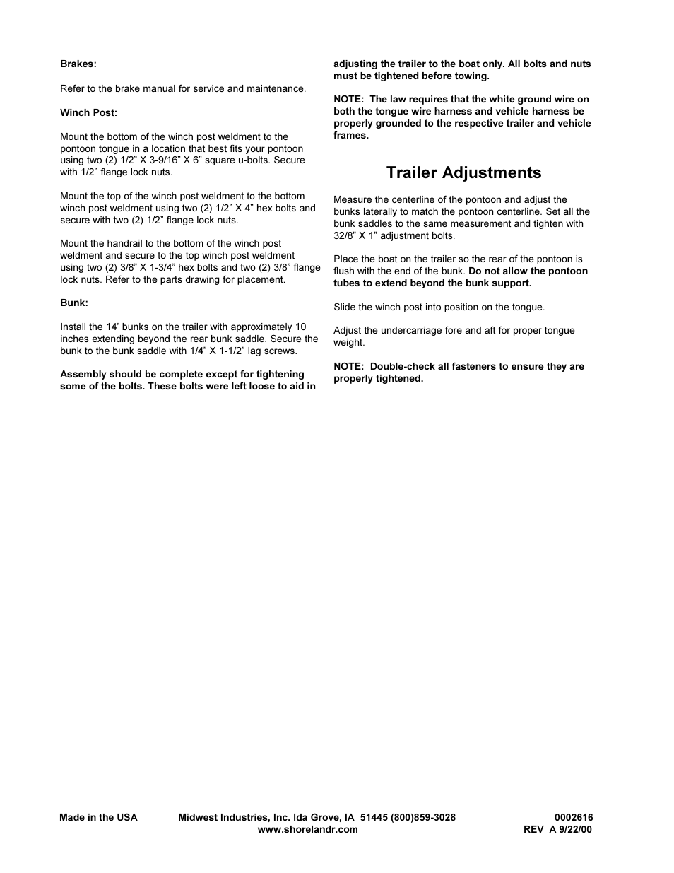Trailer adjustments | ShoreLand'r PT2030TB User Manual | Page 4 / 4