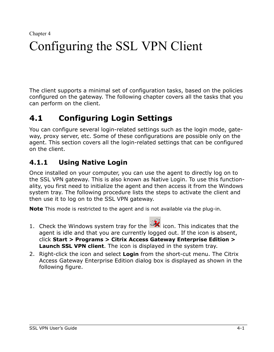 Configuring the ssl vpn client, 1 configuring login settings, 1 using native login -1 | Citrix Systems 9000 Series User Manual | Page 35 / 67