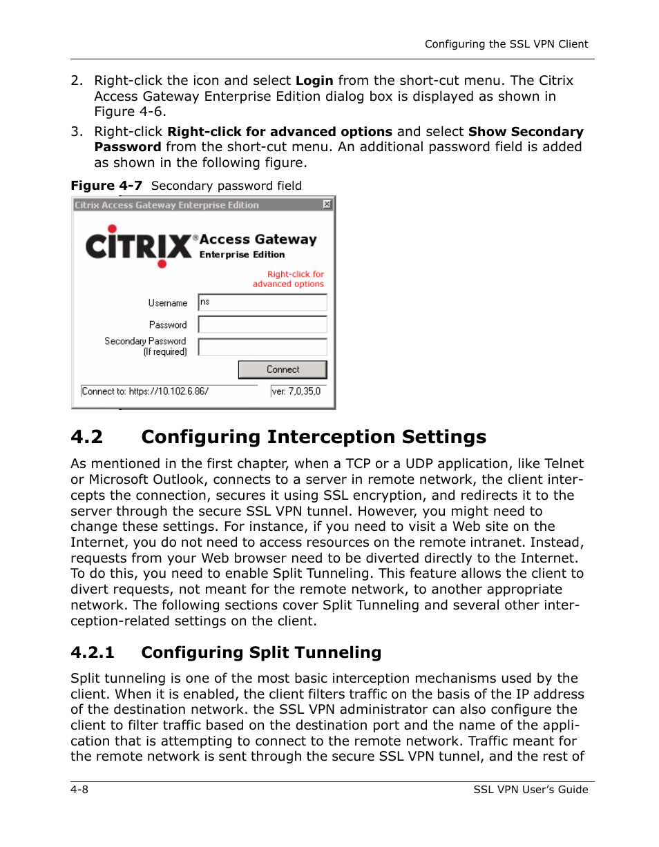 2 configuring interception settings, 2 configuring interception settings -8, 1 configuring split tunneling -8 | 1 configuring split tunneling | Citrix Systems 9000 Series User Manual | Page 42 / 67