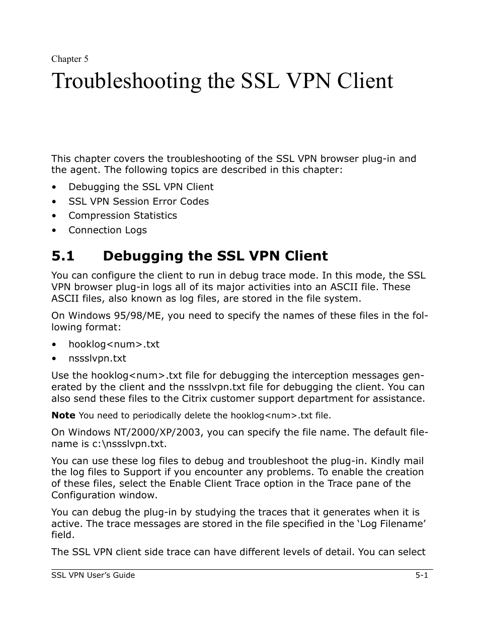 Troubleshooting the ssl vpn client, 1 debugging the ssl vpn client | Citrix Systems 9000 Series User Manual | Page 51 / 67