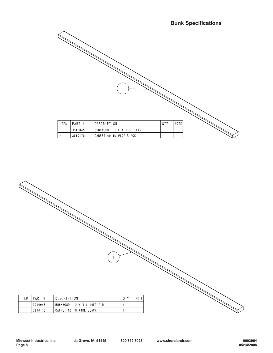 Bunk specifications | ShoreLand'r PT2325AB User Manual | Page 8 / 10