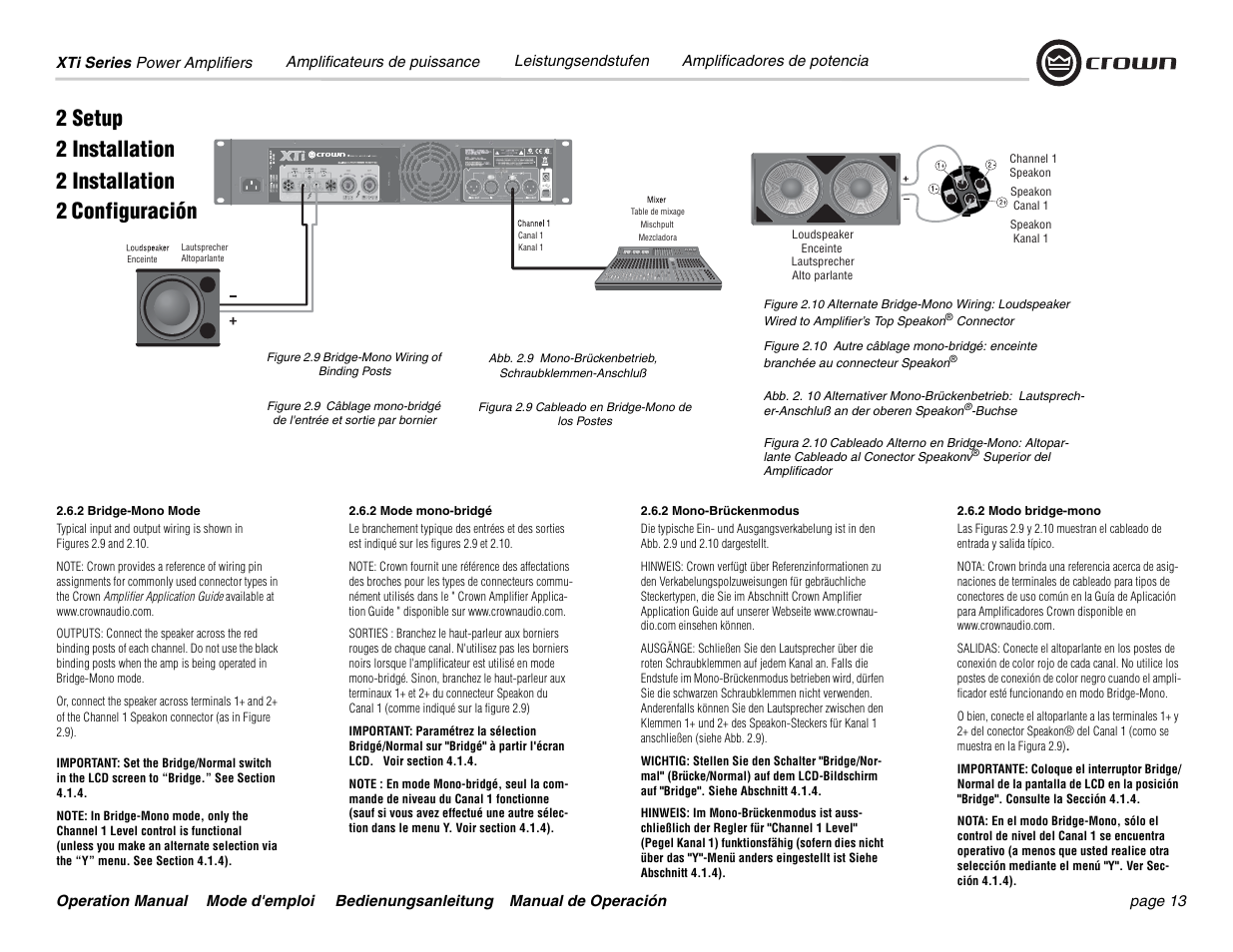 2 setup, 2 installation, 2 installation 2 configuración | Crown Audio XTi 4000 User Manual | Page 13 / 44