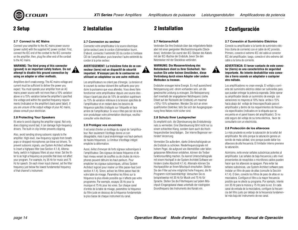 2 setup, 2 configuración 2 installation, 2 installation | Crown Audio XTi 4000 User Manual | Page 14 / 44