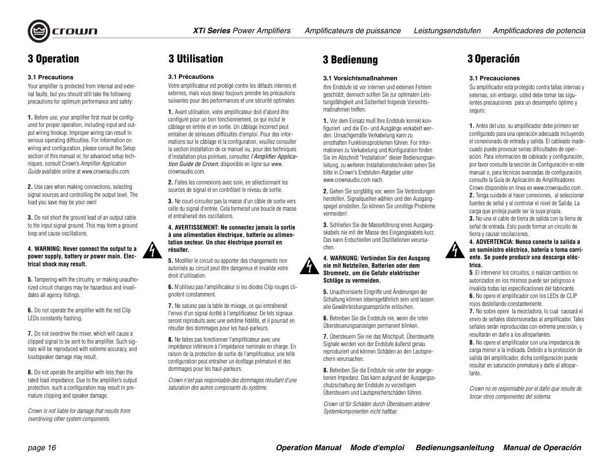 3 operation 3 bedienung 3 operación, 3 utilisation | Crown Audio XTi 4000 User Manual | Page 16 / 44