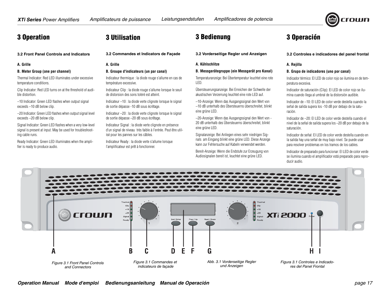 3 operation, 3 bedienung 3 operación, 3 utilisation | Crown Audio XTi 4000 User Manual | Page 17 / 44