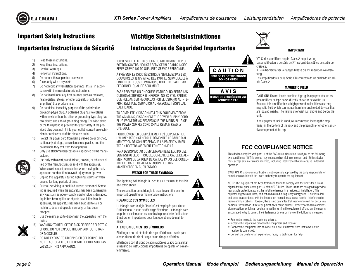 Important safety instructions, Fcc compliance notice | Crown Audio XTi 4000 User Manual | Page 2 / 44