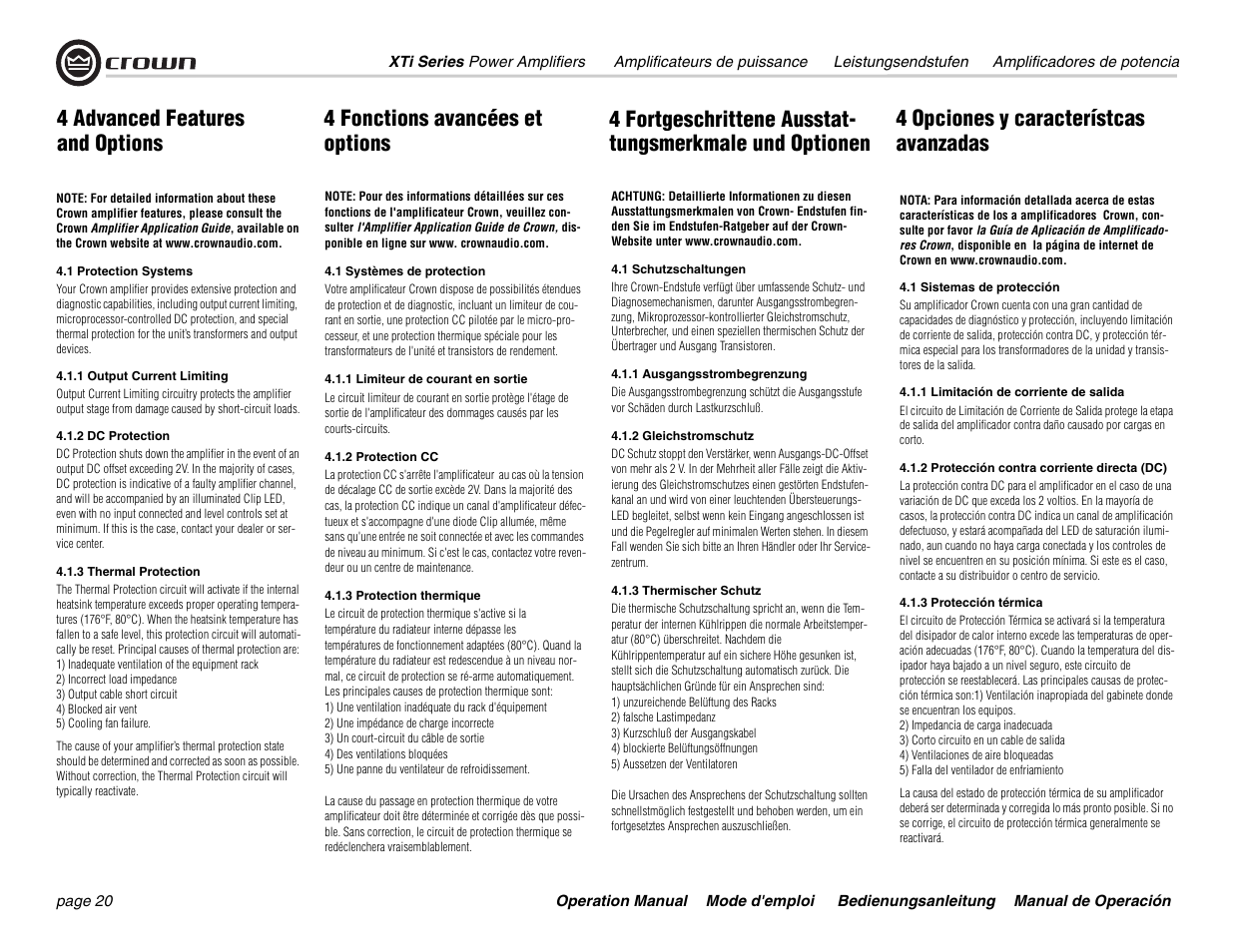 4 advanced features and options, 4 fonctions avancées et options | Crown Audio XTi 4000 User Manual | Page 20 / 44