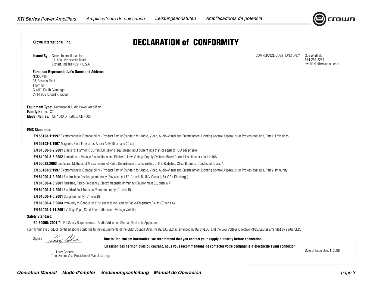 Declaration of conformity | Crown Audio XTi 4000 User Manual | Page 3 / 44