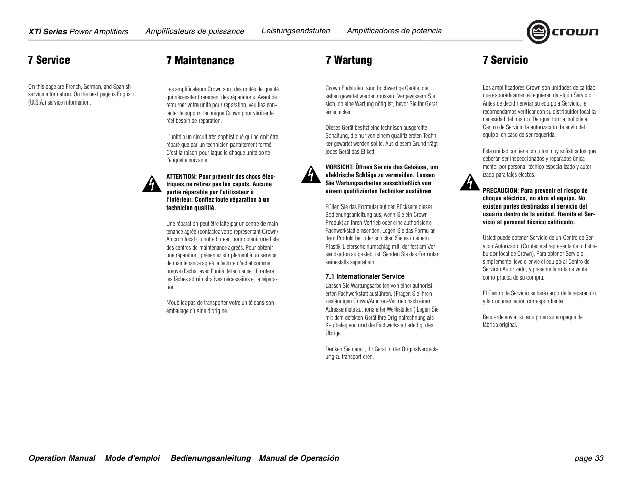 7 service, 7 maintenance 7 wartung 7 servicio | Crown Audio XTi 4000 User Manual | Page 33 / 44