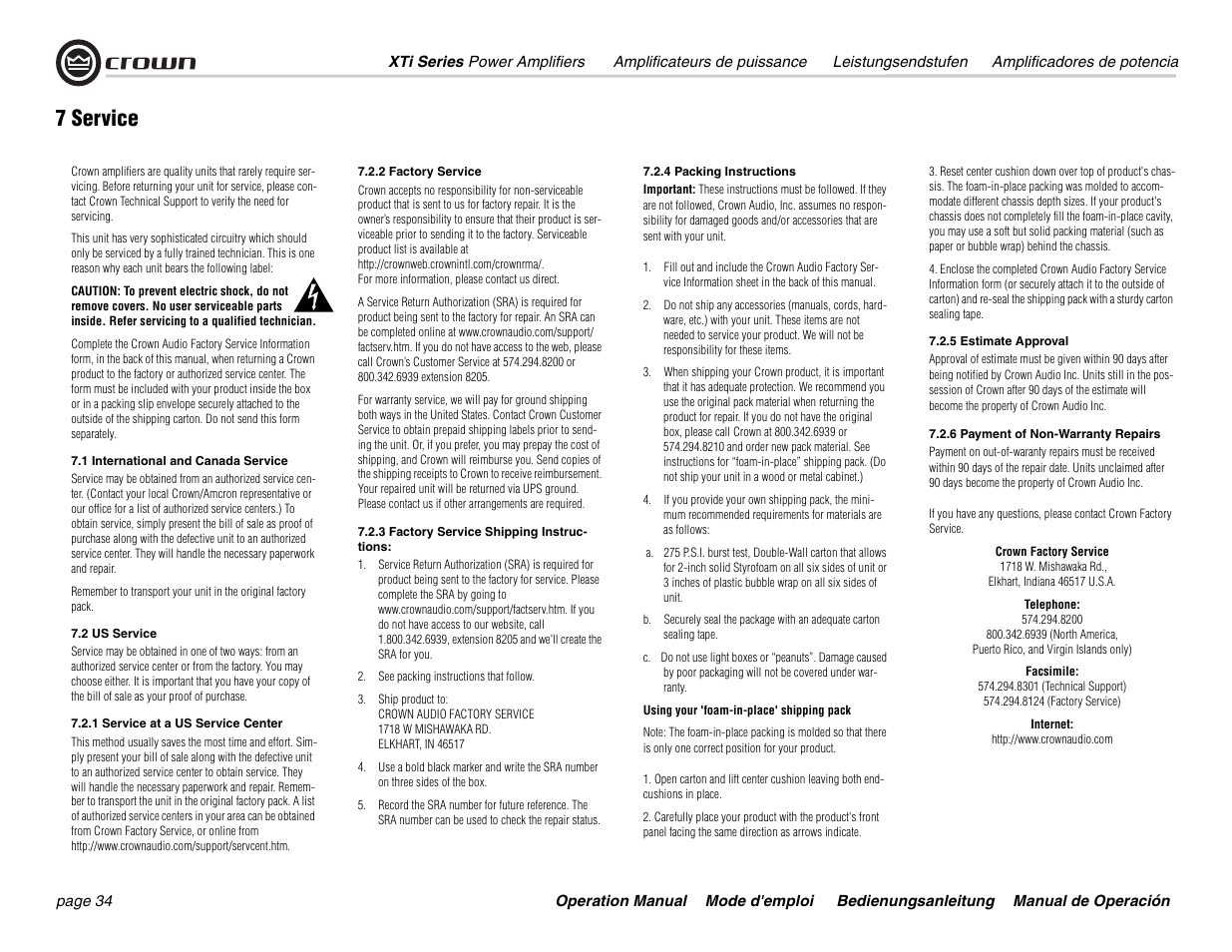 7 service | Crown Audio XTi 4000 User Manual | Page 34 / 44