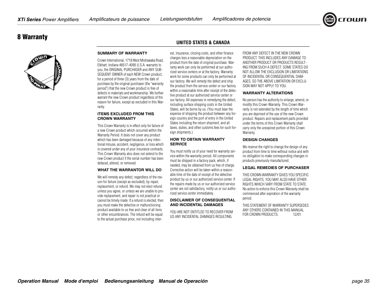 8 warranty | Crown Audio XTi 4000 User Manual | Page 35 / 44