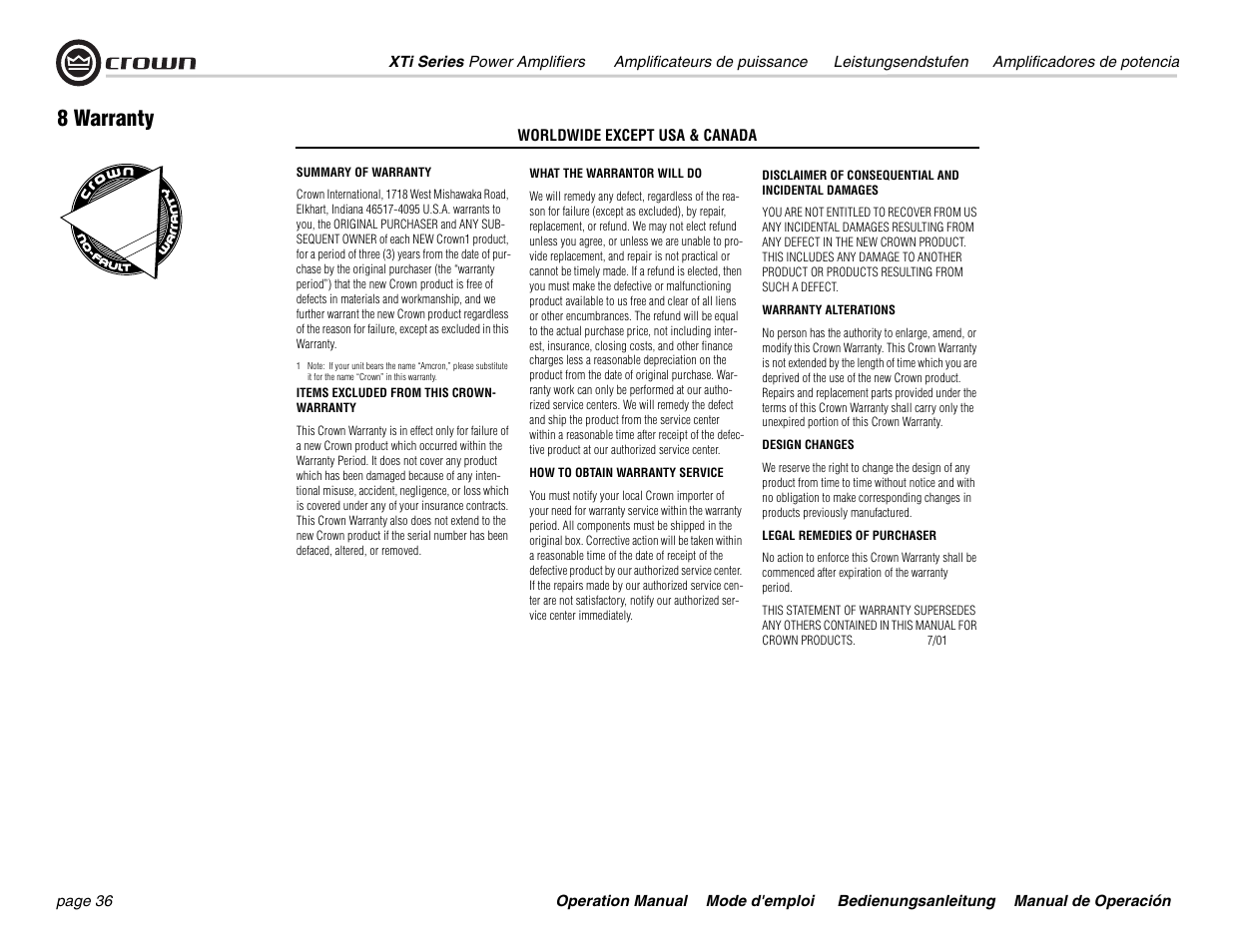 8 warranty | Crown Audio XTi 4000 User Manual | Page 36 / 44